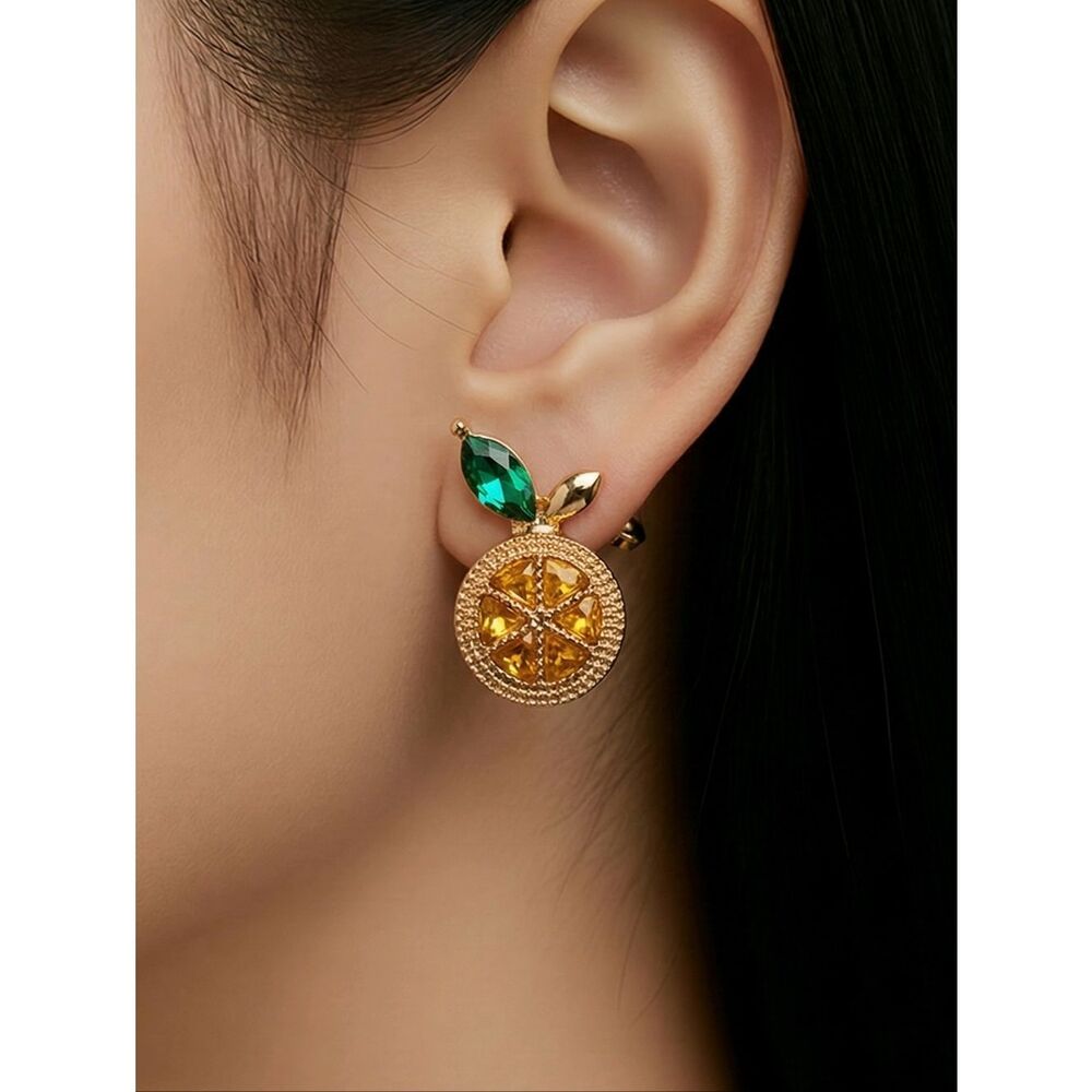 Lemon Slice Stud Earrings Gold Citrus Fruit Rhinestone Kawaii Summer Jewelry New